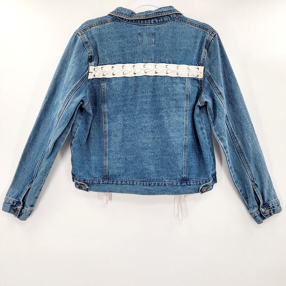 Love Tree Denim Blue Trucker Jacket 100% Cotton Long-sleeve Lace Up Women's Sz L - Picture 2 of 10